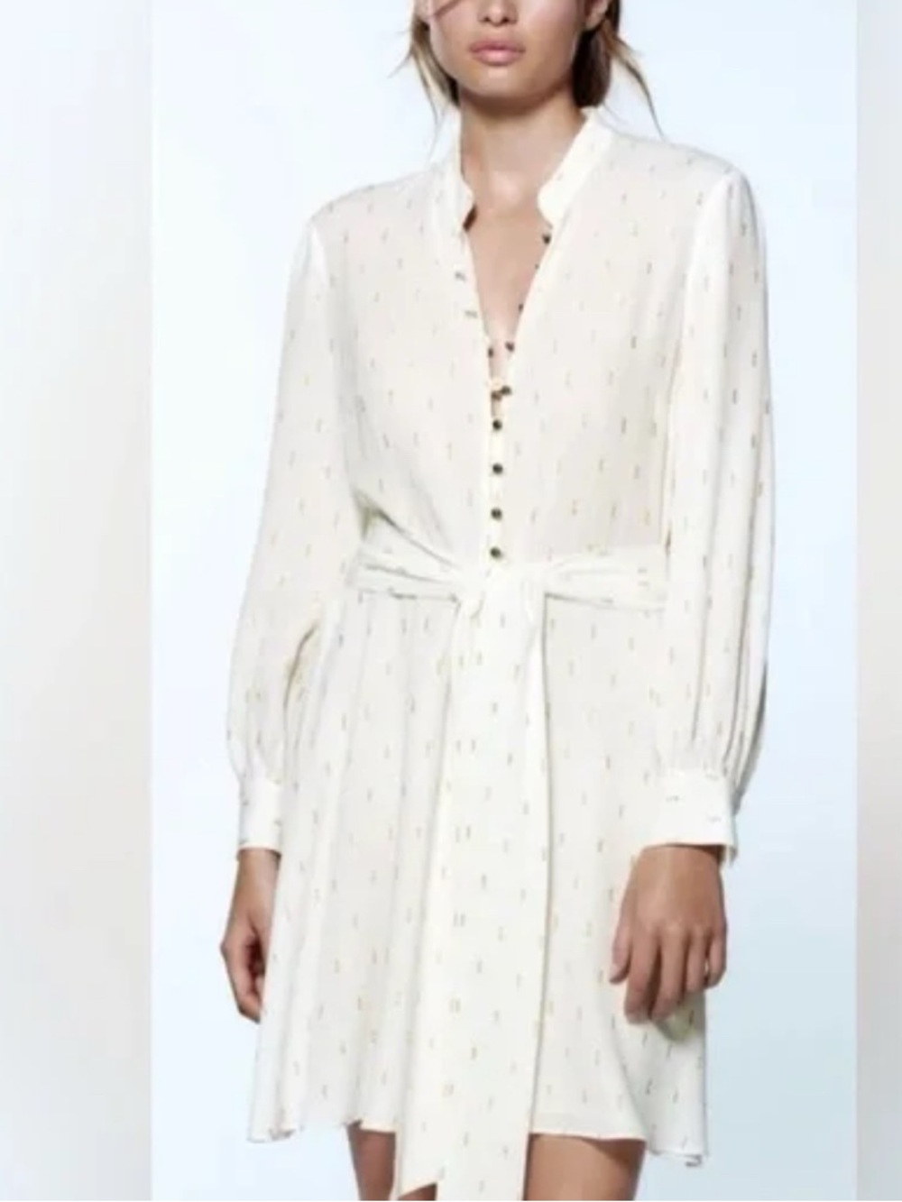Zara Cream Long-Sleeve Tie-Waist Shirt Dress